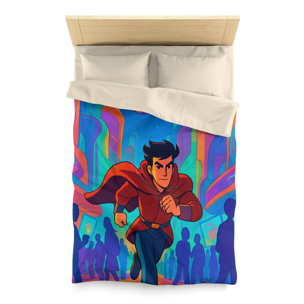 Housse de Couette avec Héros Futuriste Rouge Courant dans Ville Colorée et Dynamique