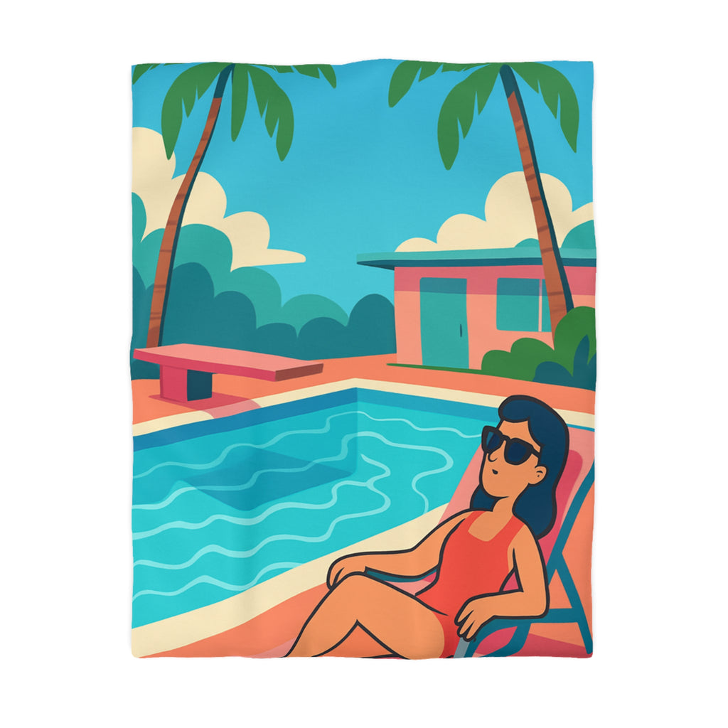 Vibrante housse de couette avec illustration de piscine et palmiers ambiance tropicale