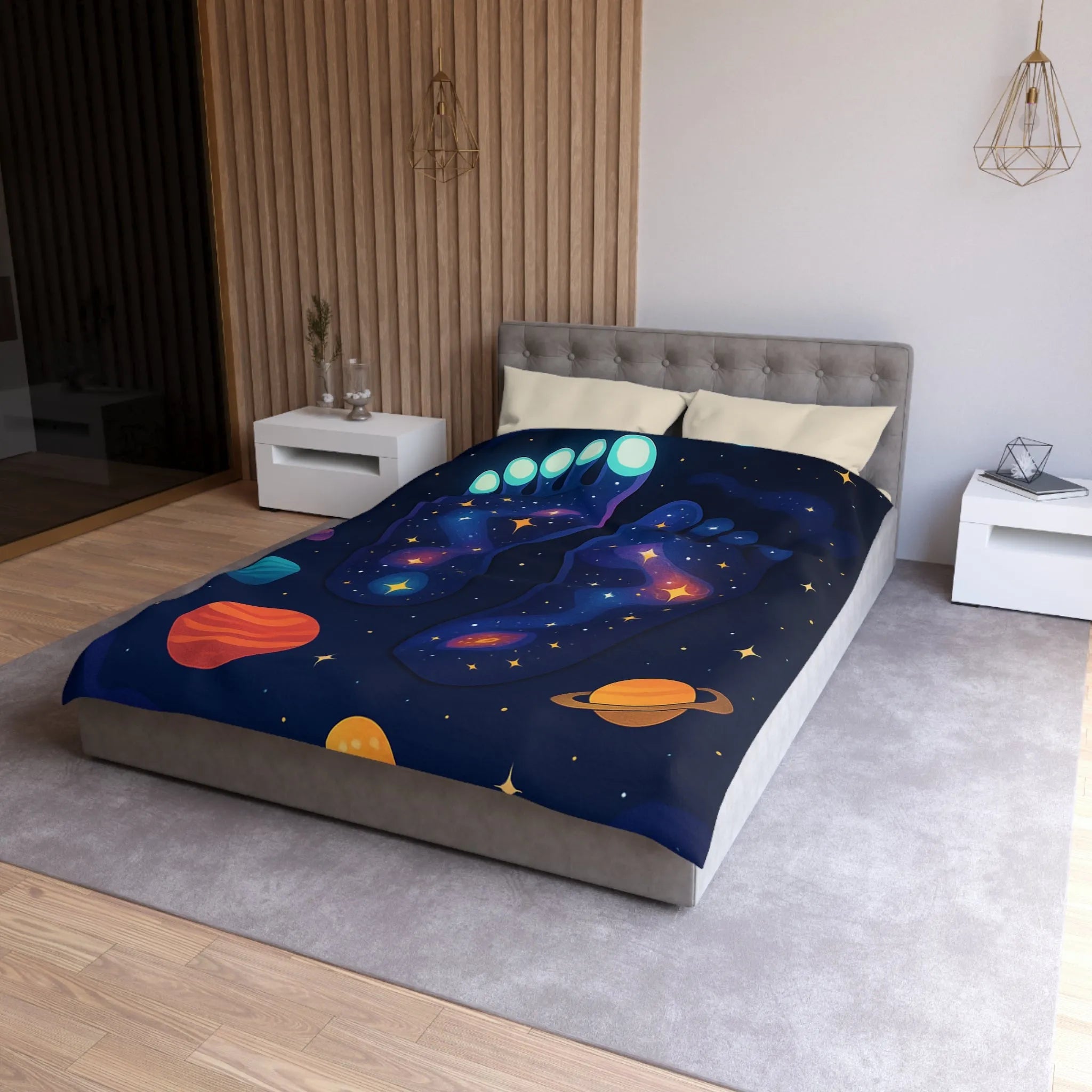 Housse de Couette Cosmos Enchanté avec Motifs de Pieds Galactiques Étincelants et Planètes