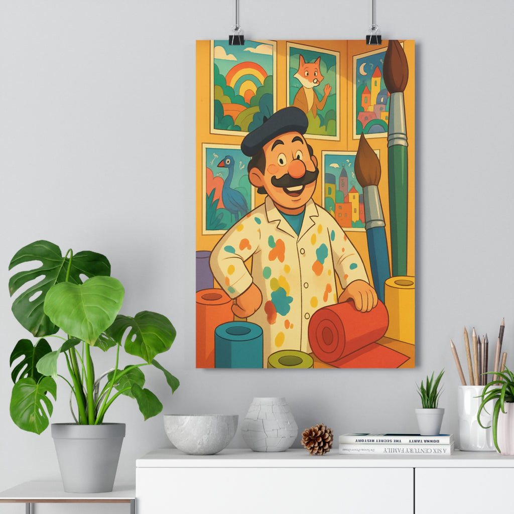 Poster décoratif cartoon artistique coloré joyeux salon enfant créatif vibrant pinceaux arcenciel renard oiseau