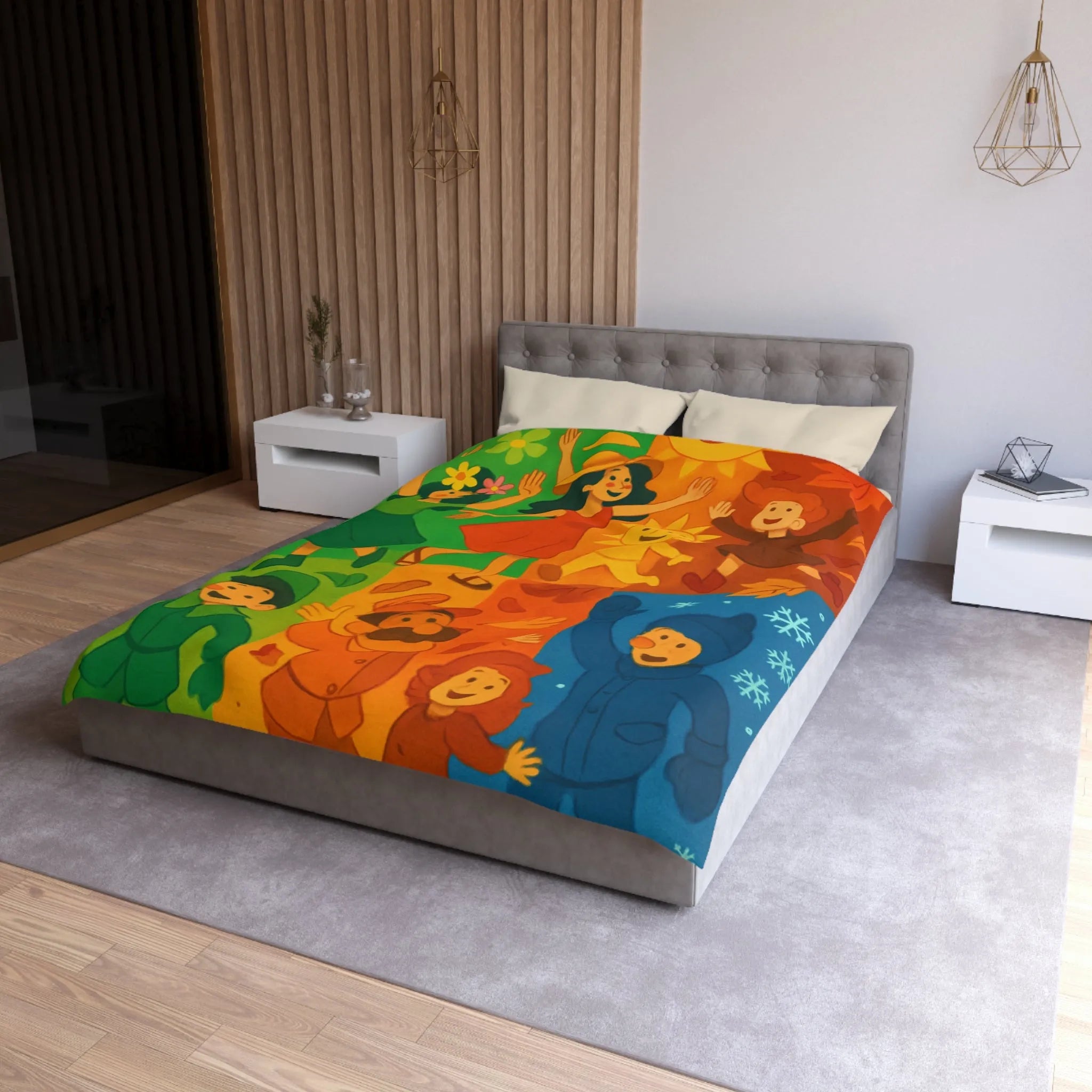 Housse de couette colorée illustrant les quatre saisons avec personnages joyeux et motifs vibrants
