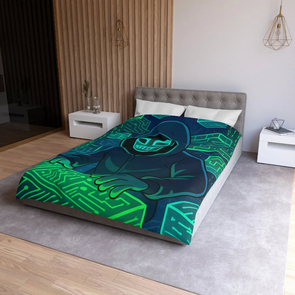 Housse de couette cyberpunk avec motif de hacker masqué et circuit numérique lumineux