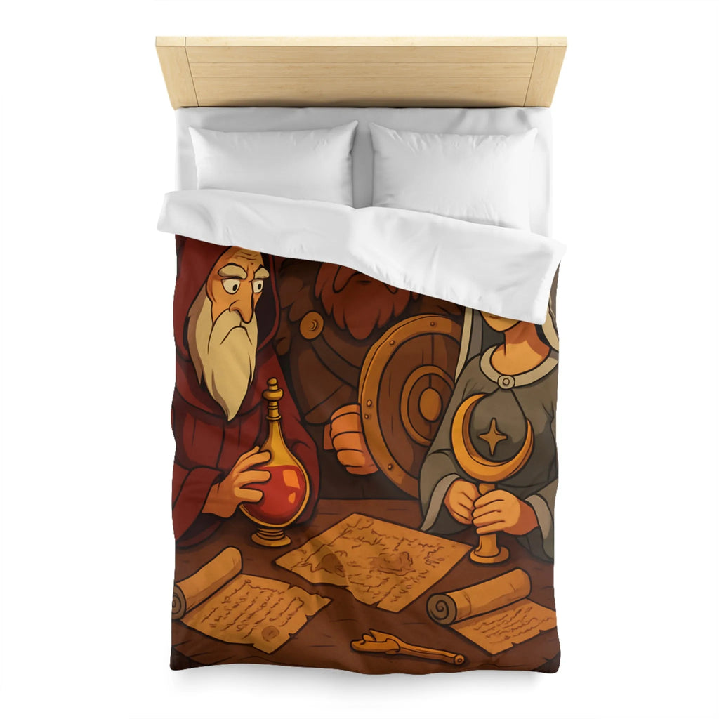 Housse de couette médiévale avec guerrier, mage et princesse tenant des artefacts anciens