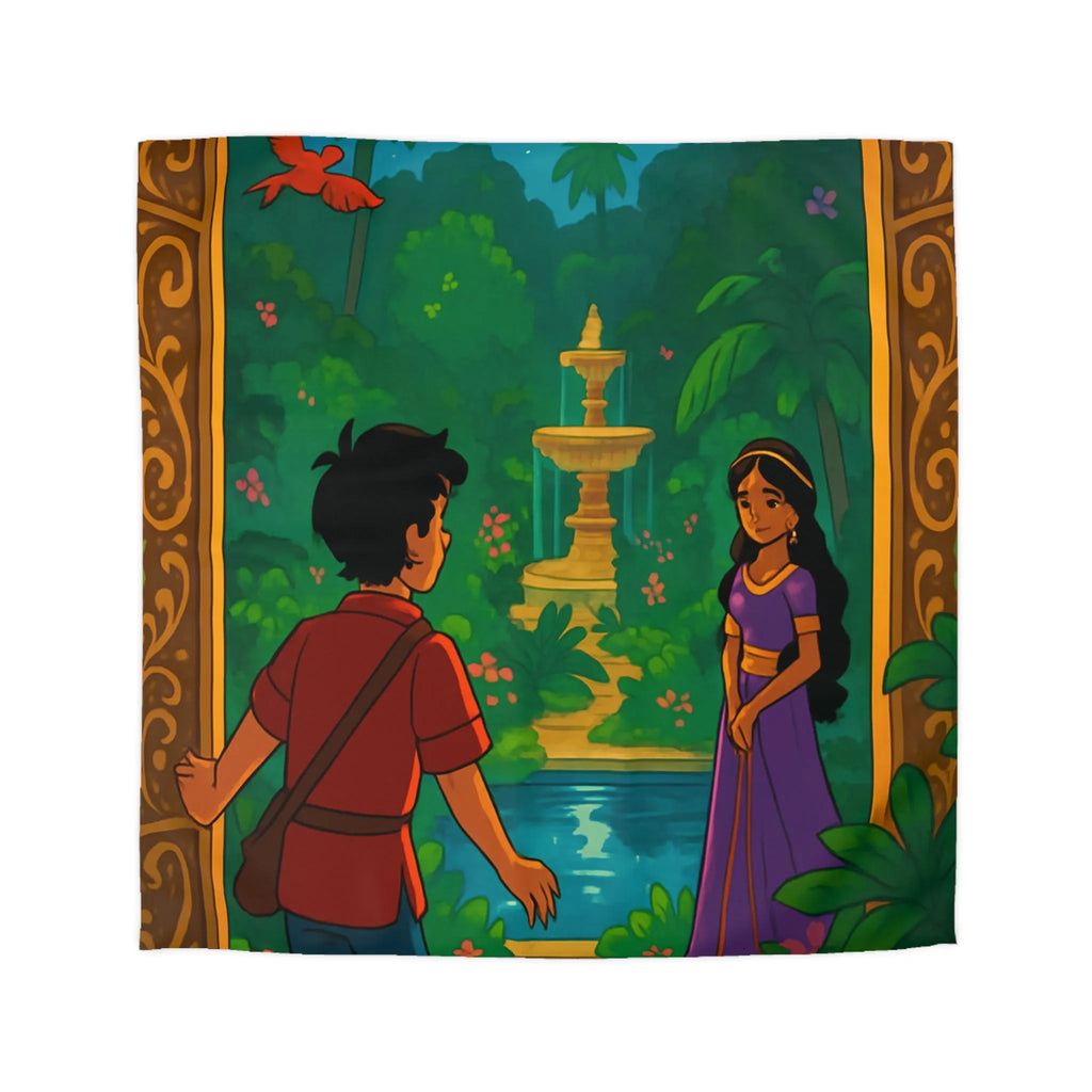 Housse De Couette Enchantée Illustrant Jardin Nocturne Avec Fontaine Et Clair De Lune