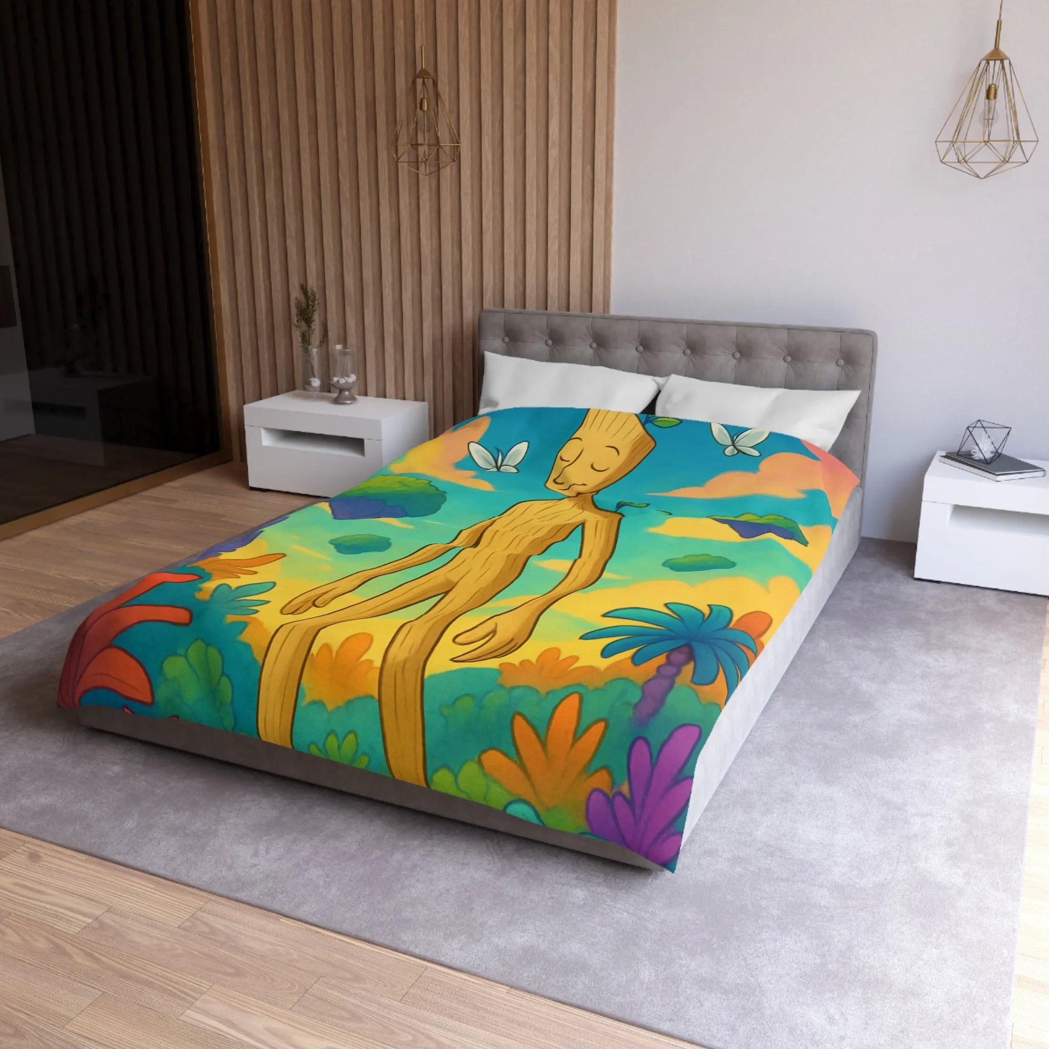 Housse de couette enchanteresse avec paysage coloré, créature en bois et papillons