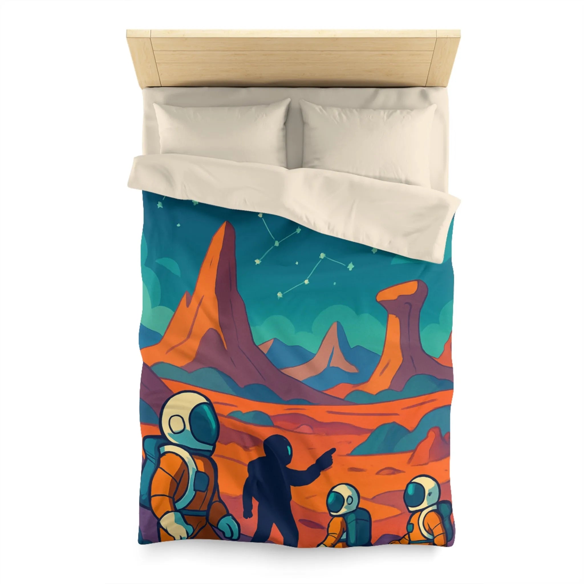 Exploration spatiale colorée : Astronautes sous la lune et constellations étoilées