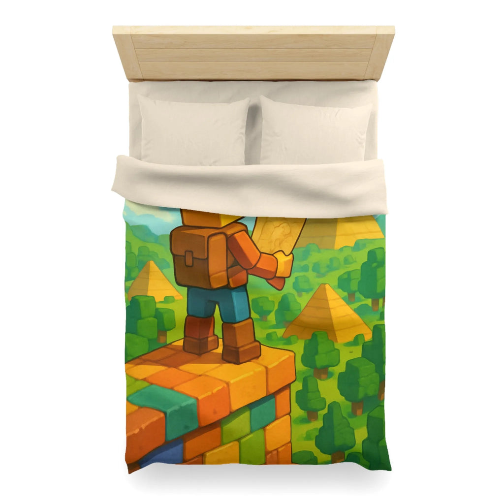 Housse de Couette Ludique Aventure Pixelisée Explorateur Carte Forêt Pyramide Enfant