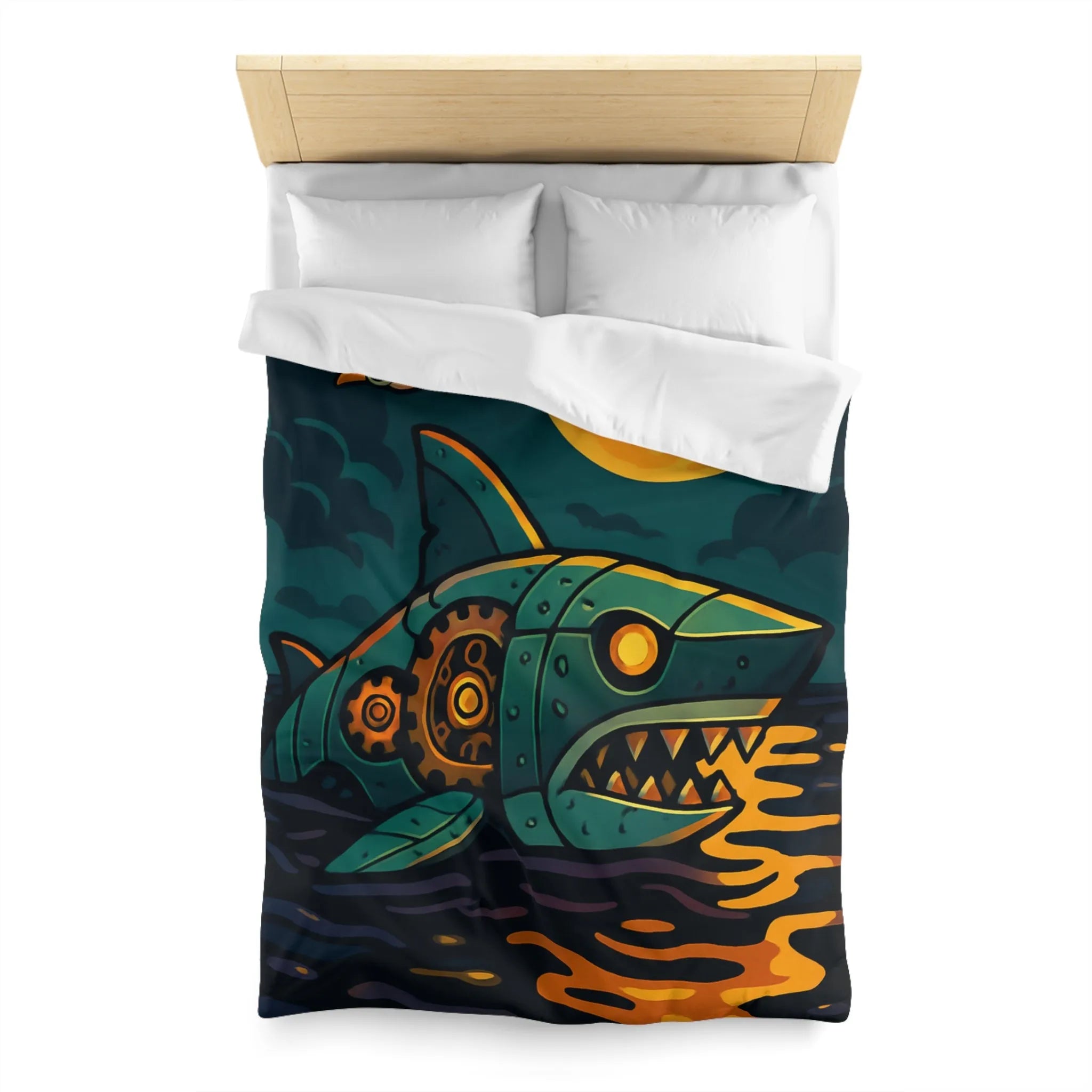 Housse de couette colorée avec requin mécanique sous lune dorée et oiseaux stylisés