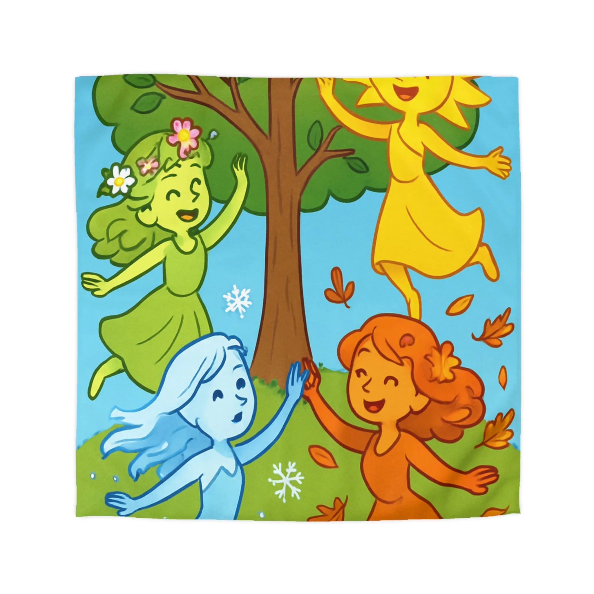 Housse de couette avec quatre saisons en couleurs vives et personnages joyeux