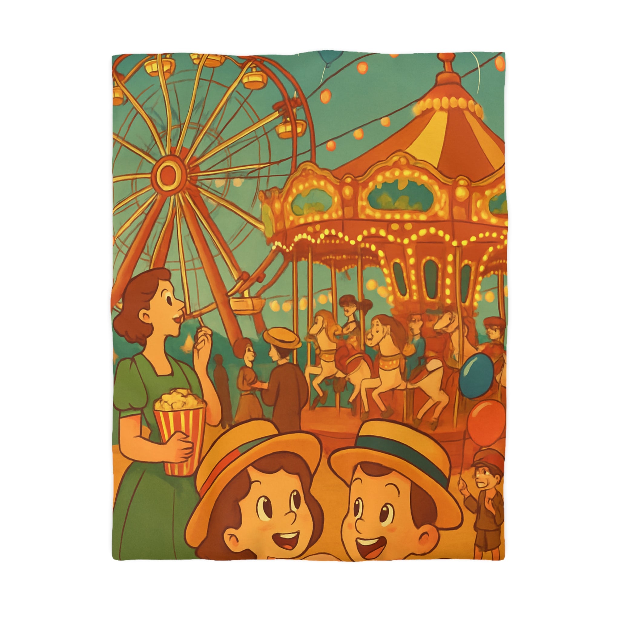 Housse de Couette Vintage Enfants et Fête Foraine avec Ballons, Manège et Grande Roue