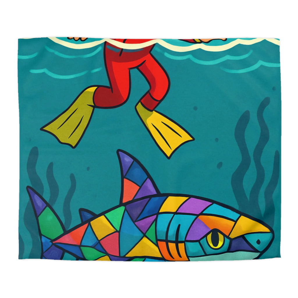 Housse de couette colorée avec plongeur effrayé et requin multicolore