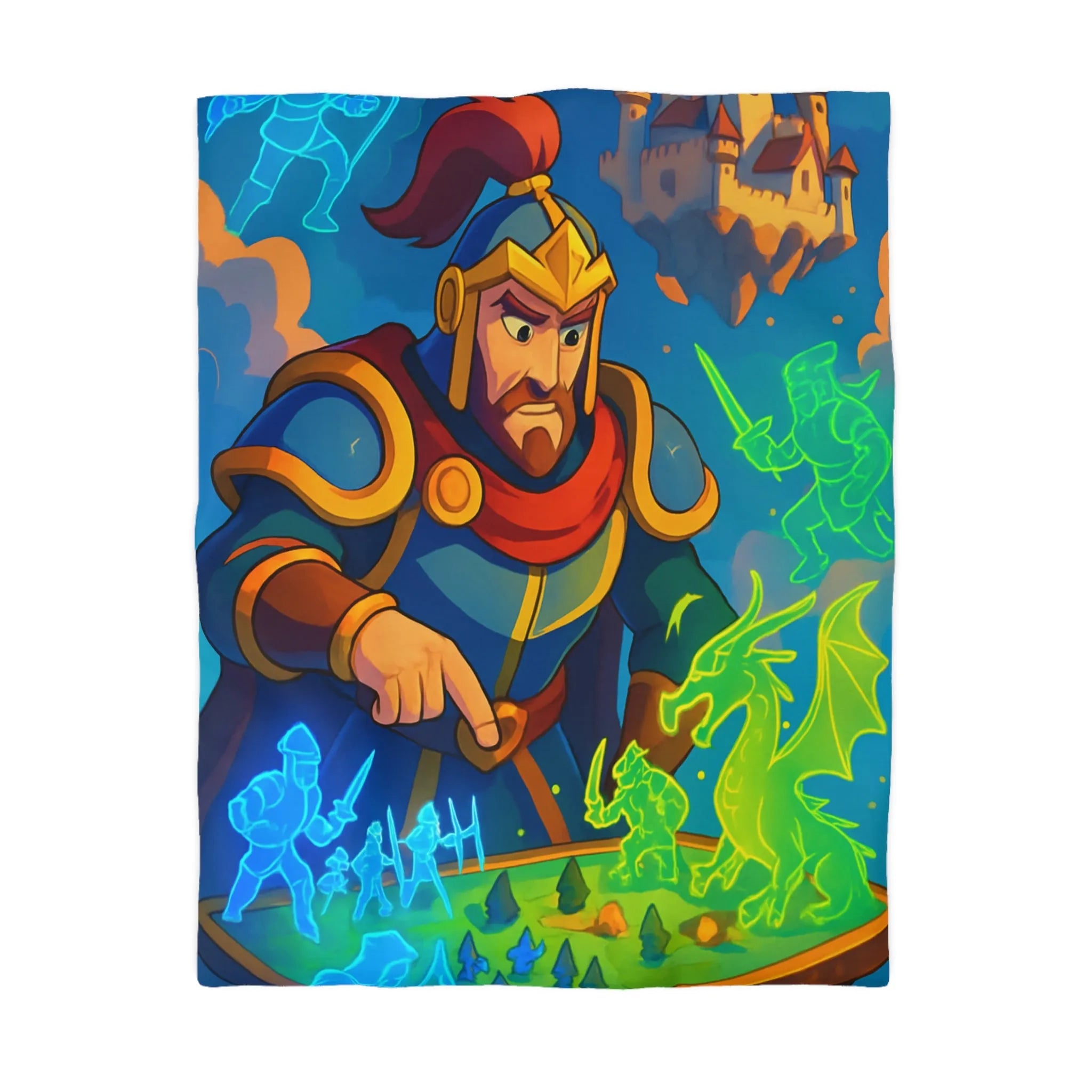 Housse de couette épique guerriers médiévaux et dragon sur plateau de jeu fantastique