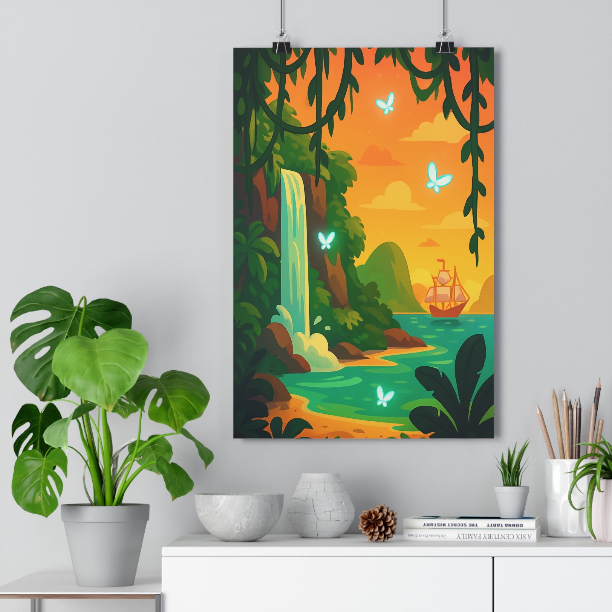 Poster décoratif tropical coucher soleil cascade végétation exotique cartoon chambre salon 30x46 cm qualité