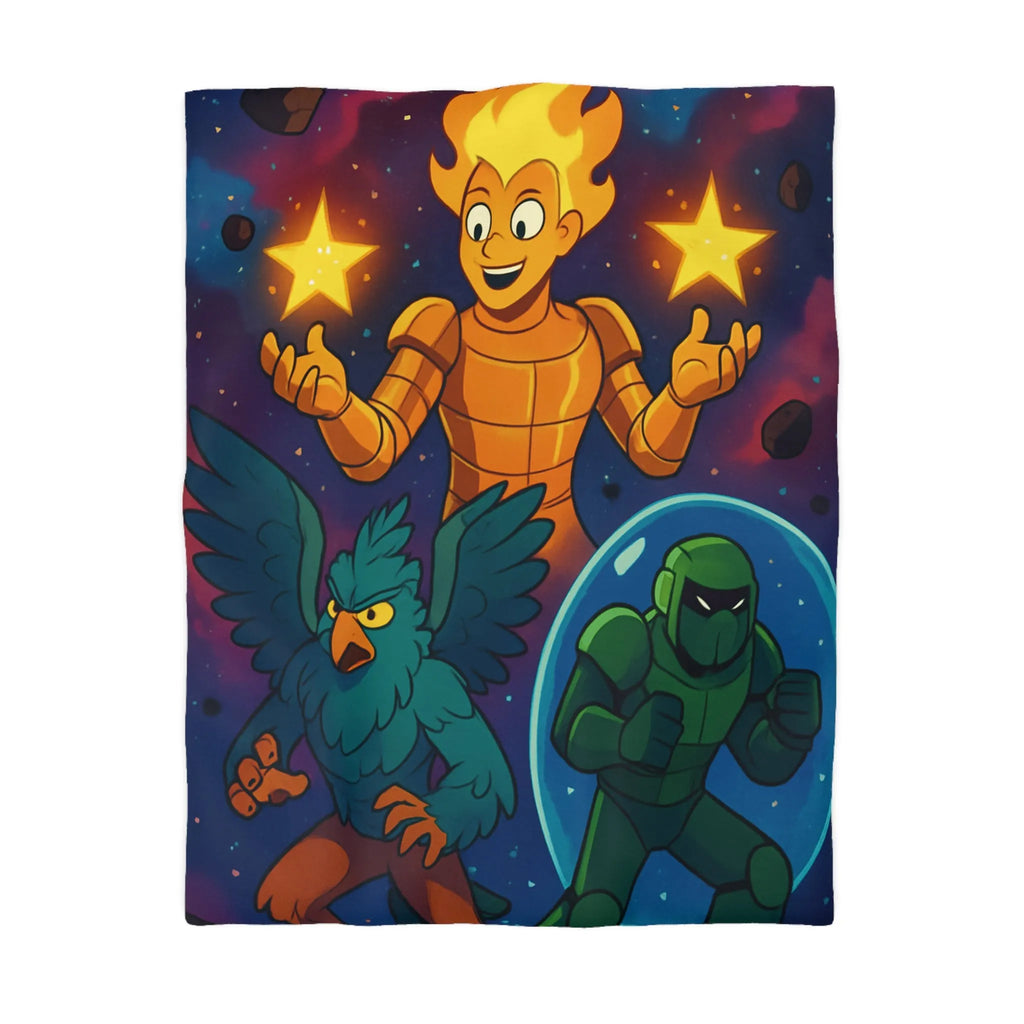 Housse de couette colorée avec personnages fantastiques: héros flamboyant, créature ailée, soldat galactique