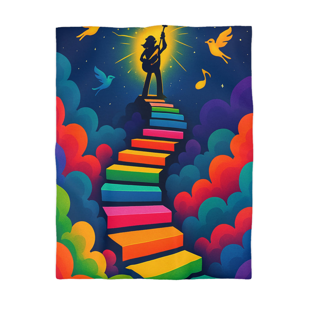 Housse de Couette Rêve d'Escalier Arc-en-Ciel avec Musicien et Oiseaux Colorés