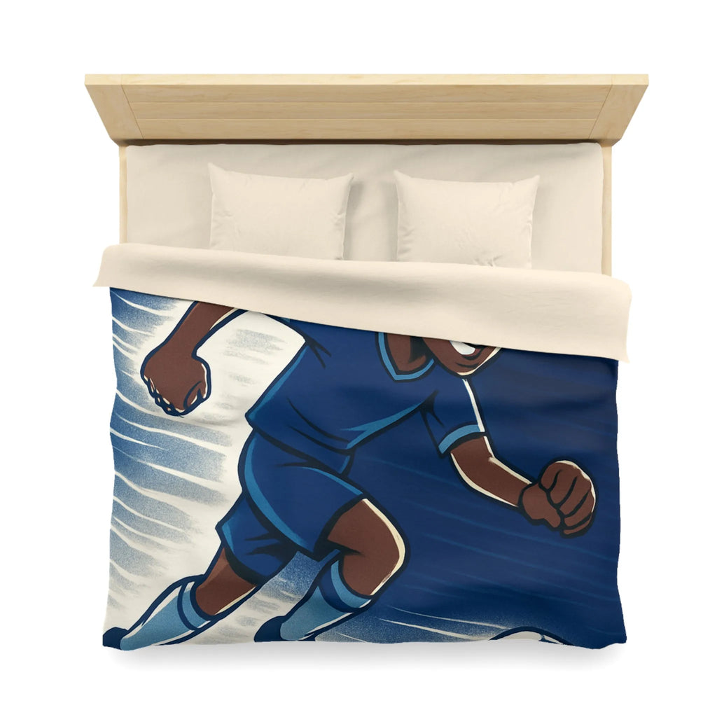 Housse de couette football dynamique garçon jouant au soccer style cartoon moderne bleu