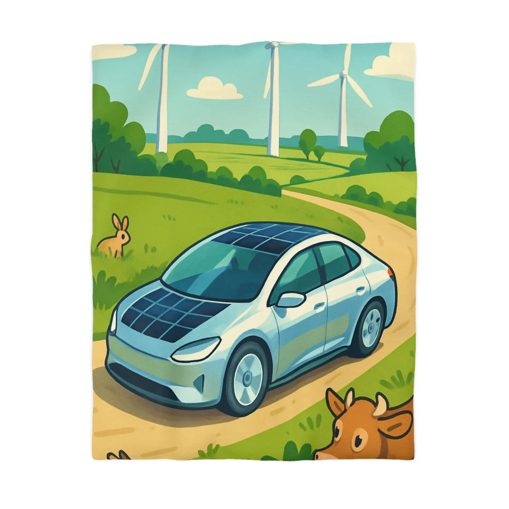 Housse de couette écologique avec voiture solaire, éoliennes et animaux dans la nature