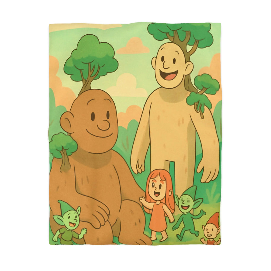 Housse de couette fantastique avec géants arborés et lutins dans une forêt enchantée