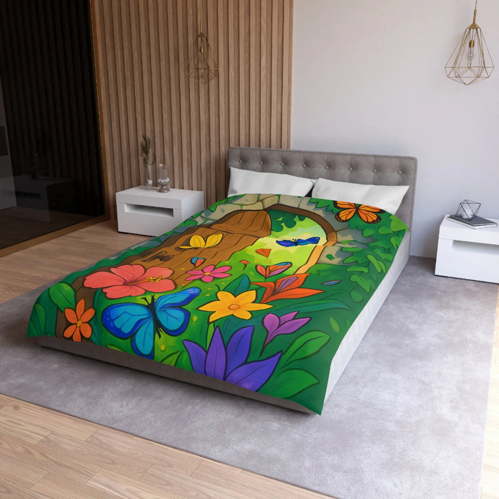 Housse de couette avec papillons colorés et fleurs devant porte de jardin enchanté