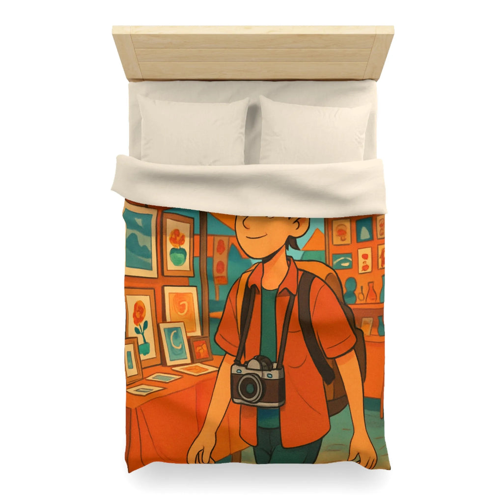 Housse de couette animée avec jeune explorateur et marché aux lanternes colorées