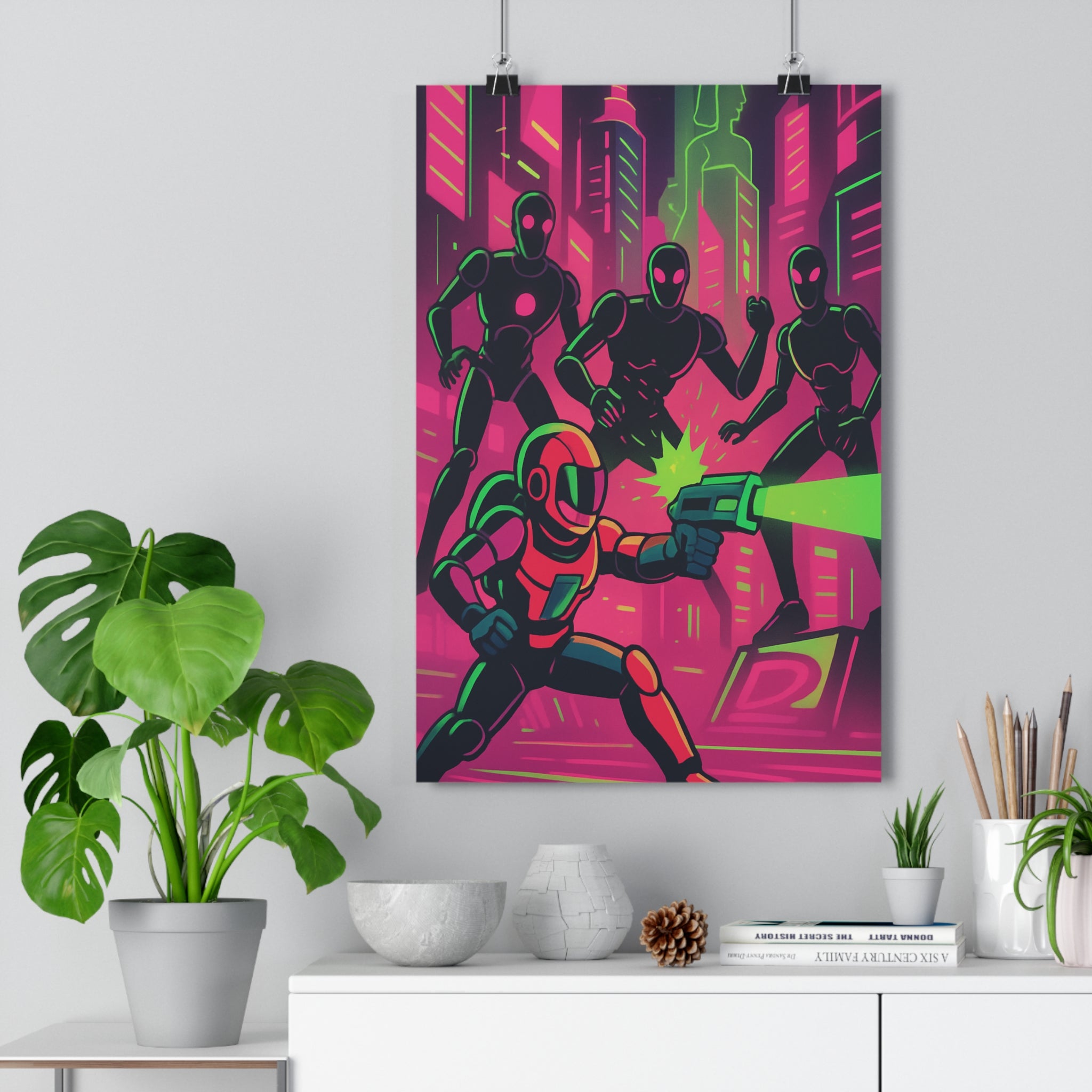 Poster décoratif anime cyberpunk rose vert néon futuriste chambre bureau vibrant intense 30x46 qualité