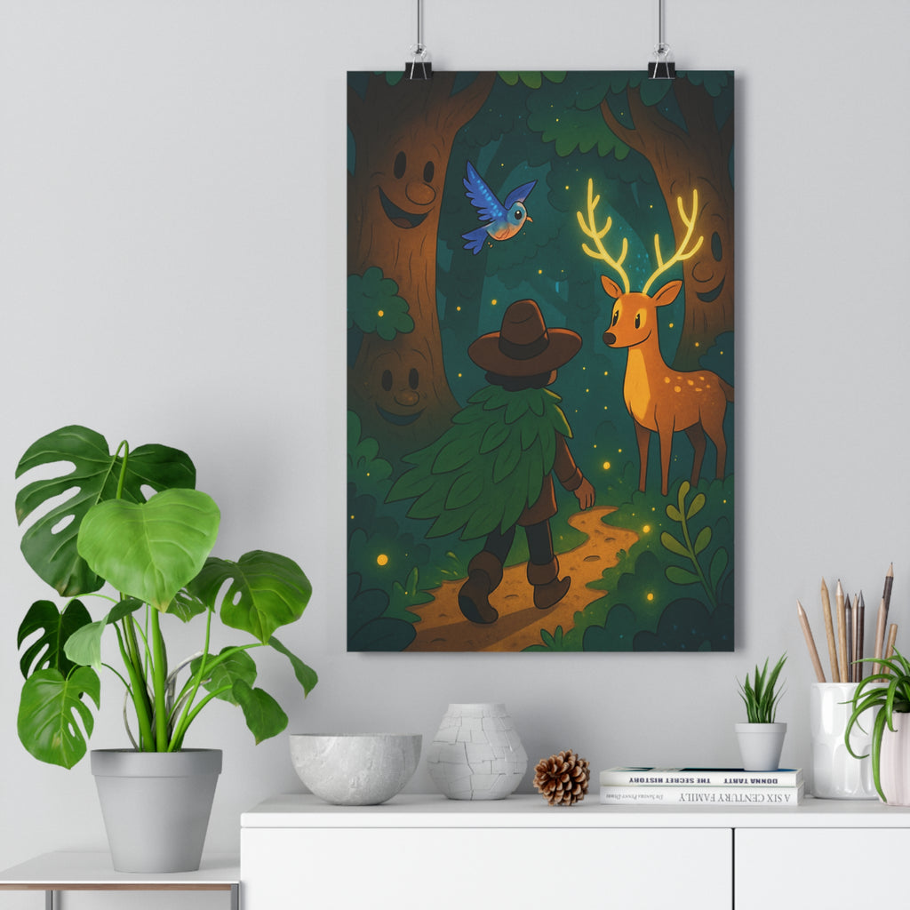 Poster décoratif vibrant vert doré aventure féérique mystique enfant chambre paysage magique lumineux créatif