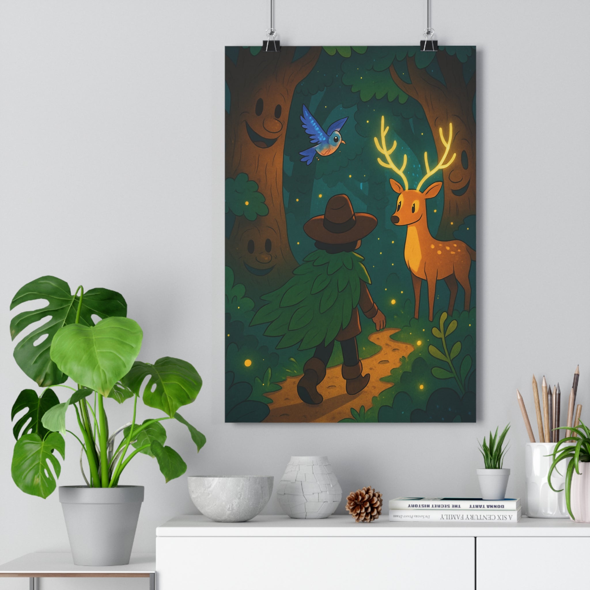 Poster décoratif vibrant vert doré aventure féérique mystique enfant chambre paysage magique lumineux créatif