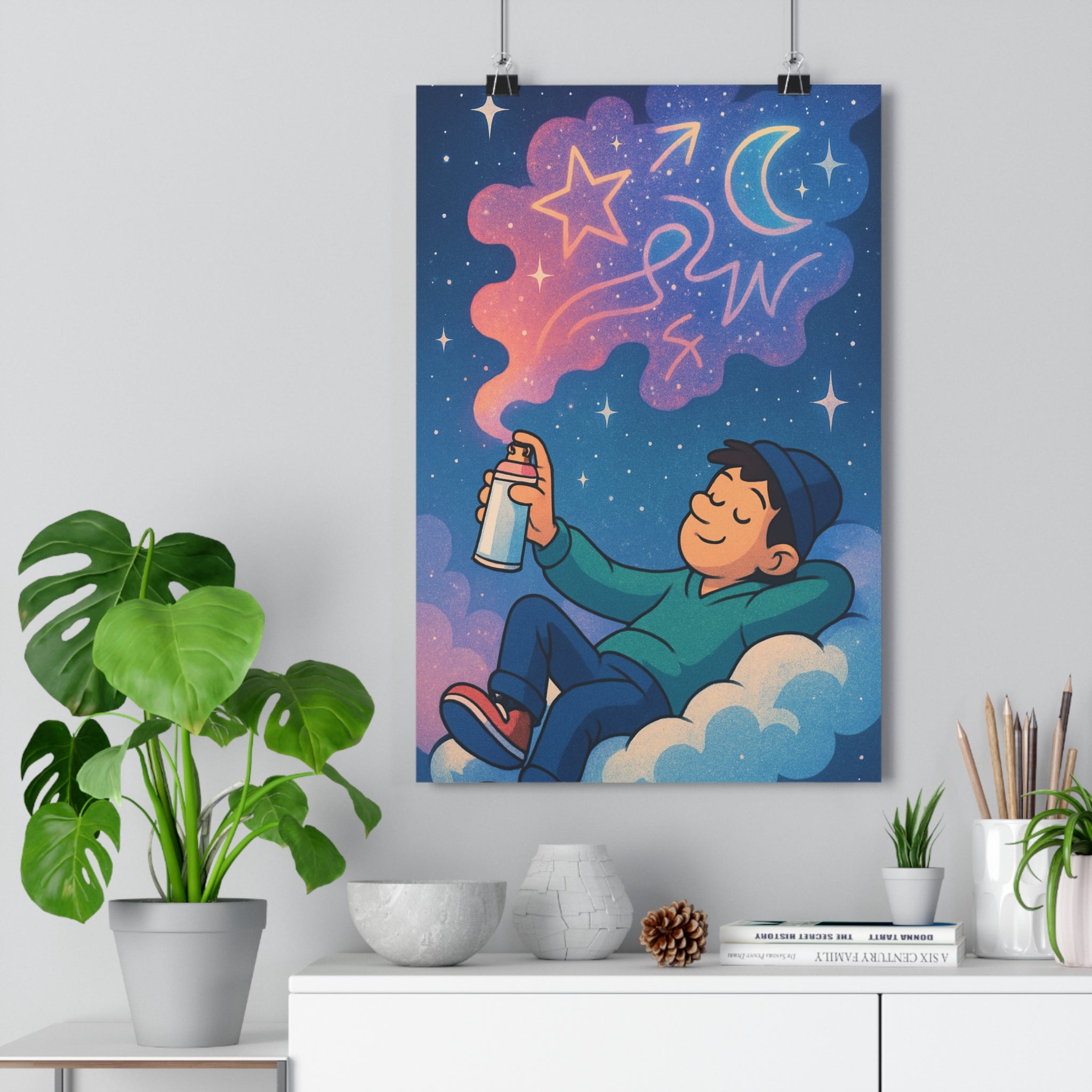 Poster décoratif cartoon bleu rose rêveur enfant chambre artistique créatif apaisant onirique nuage étoilé