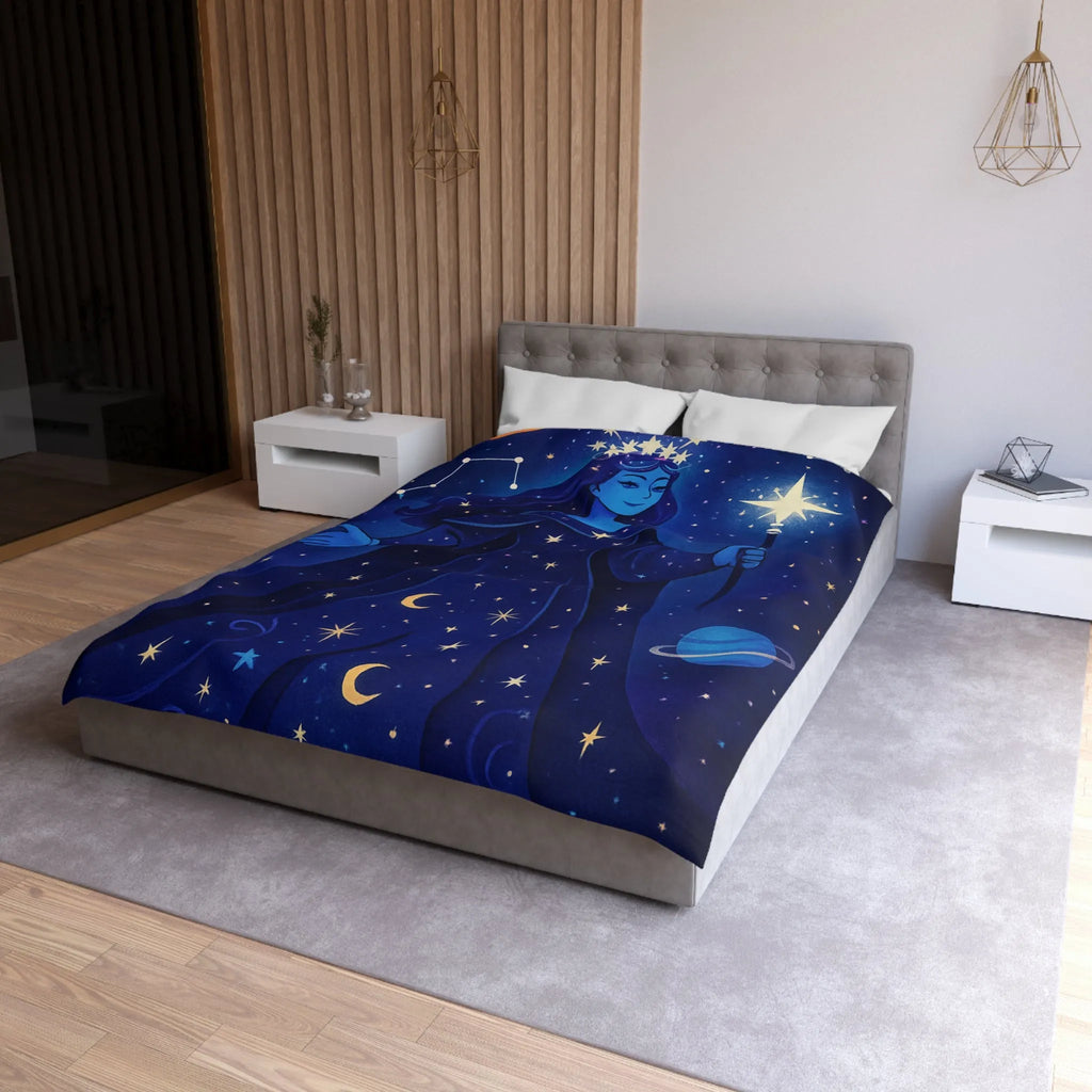 Housse de couette illustration déesse cosmique étoiles lune mystique bleu nuit magique