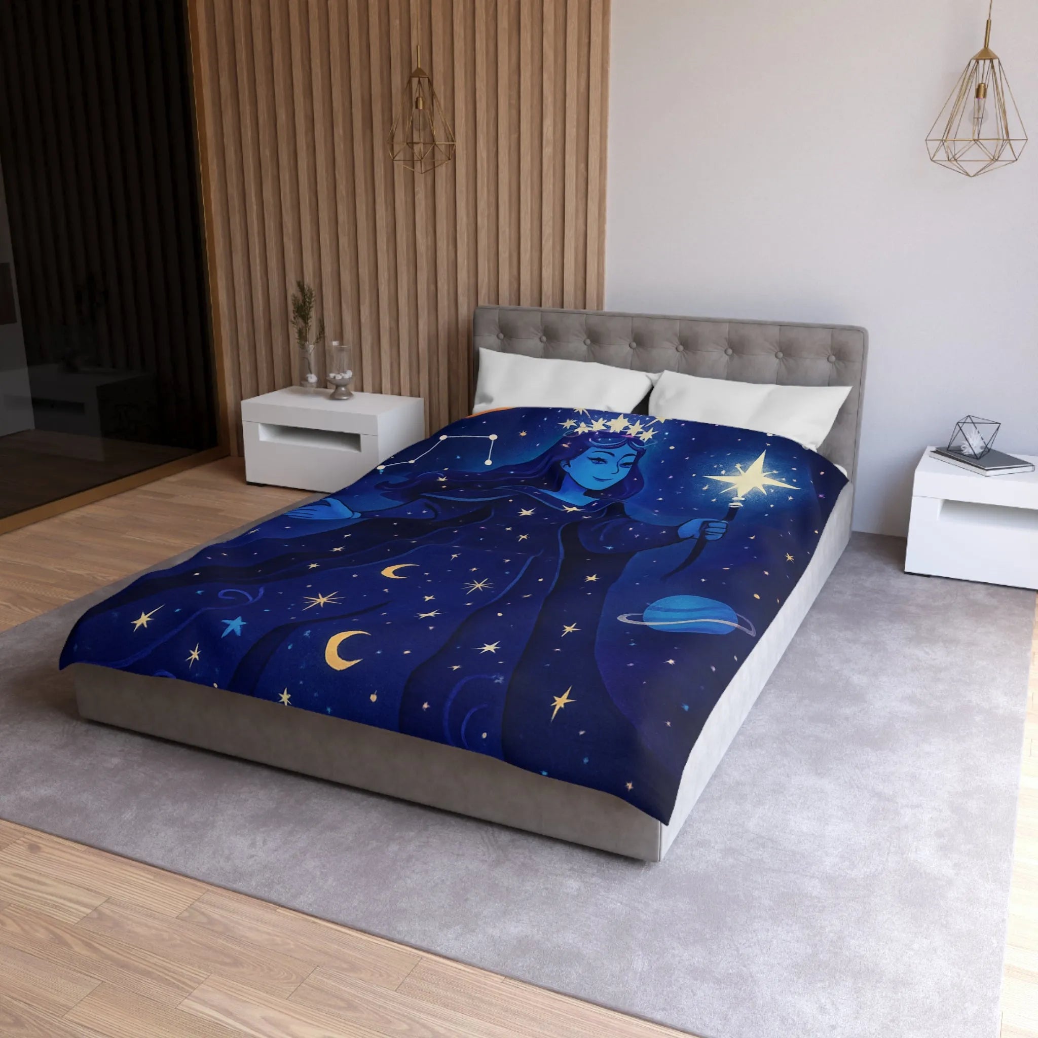 Housse de couette illustration déesse cosmique étoiles lune mystique bleu nuit magique