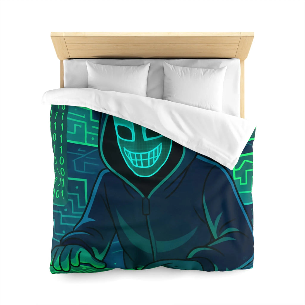 Housse de couette cyberpunk avec motif de hacker masqué et circuit numérique lumineux