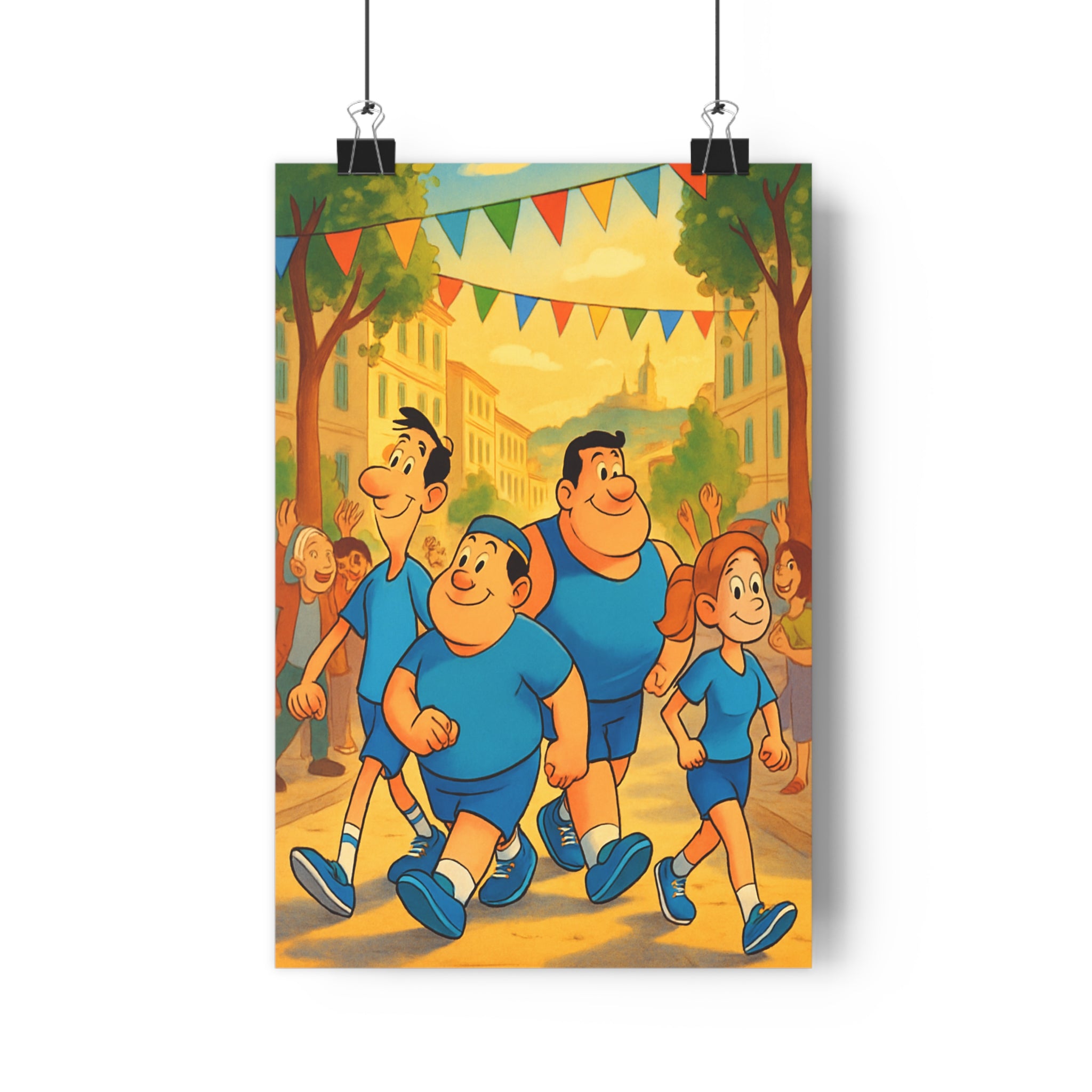 Poster décoratif animé bleu jaune joyeux salon chambre moderne urbain dynamique festif coloré fanions