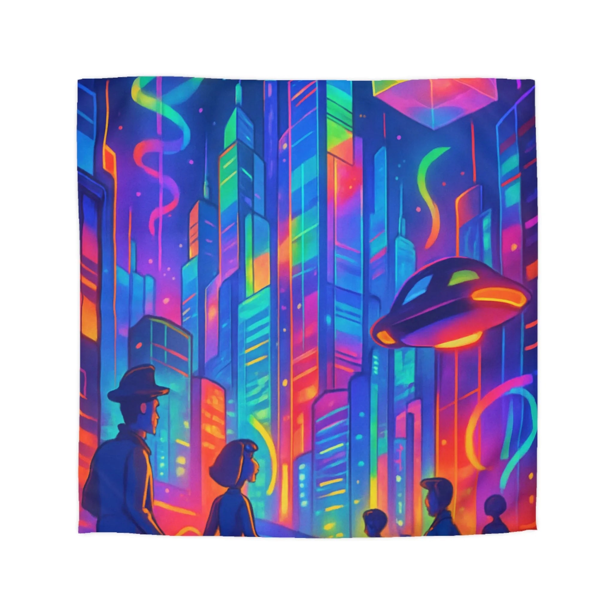 Housse de Couette Colorée Scène Urbaine Futuriste avec Illusions d'Optique Dynamiques et Vives