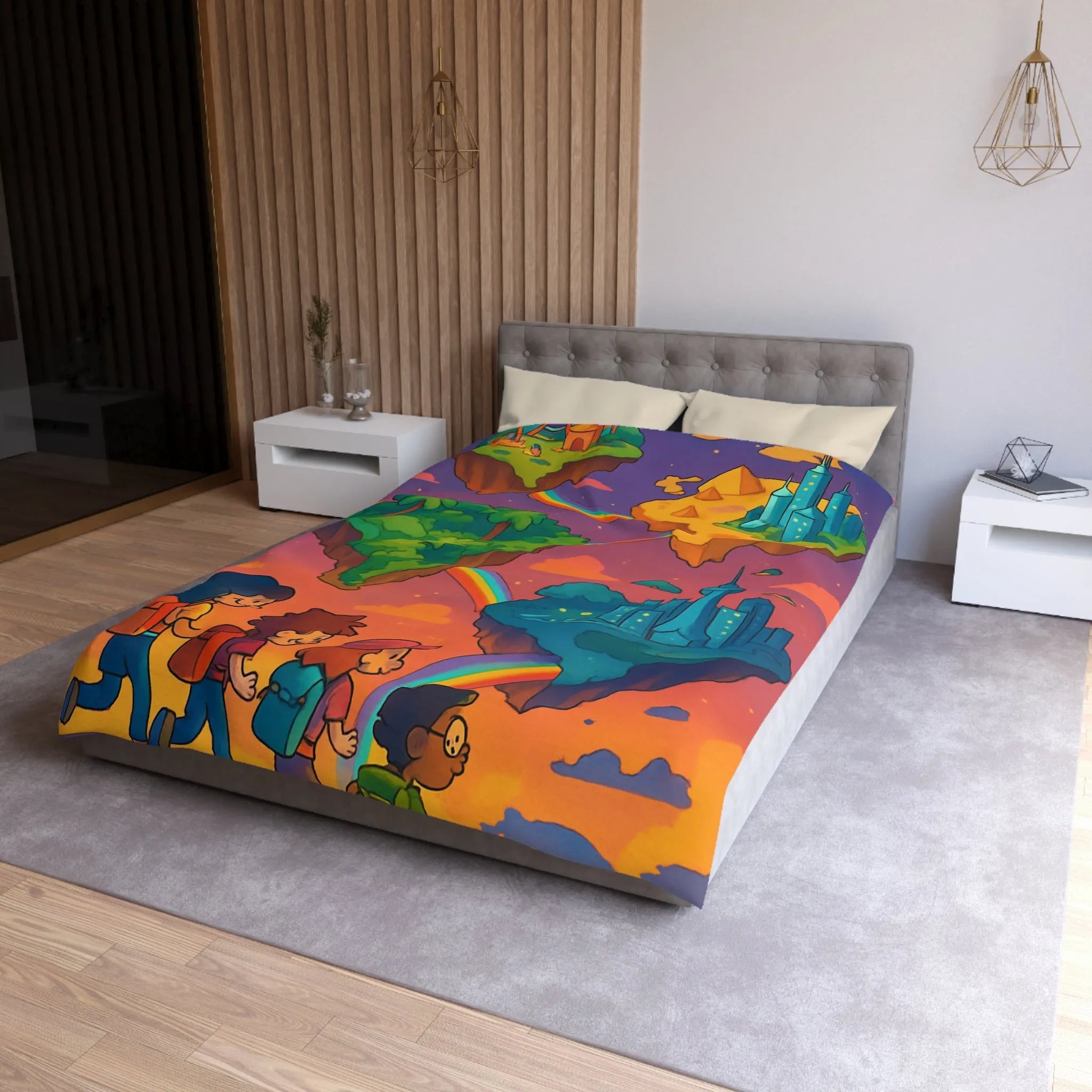 Housse de couette avec univers magique flottant pour chambre d'enfant colorée arc-en-ciel