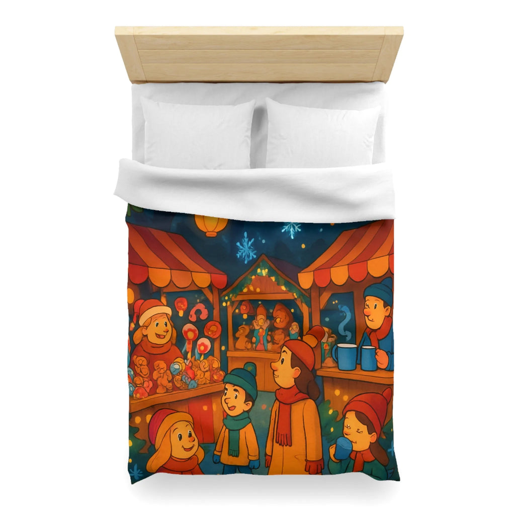Housse de Couette Enfantine avec Scène Festive de Marché de Noël Illuminé et Joyeux