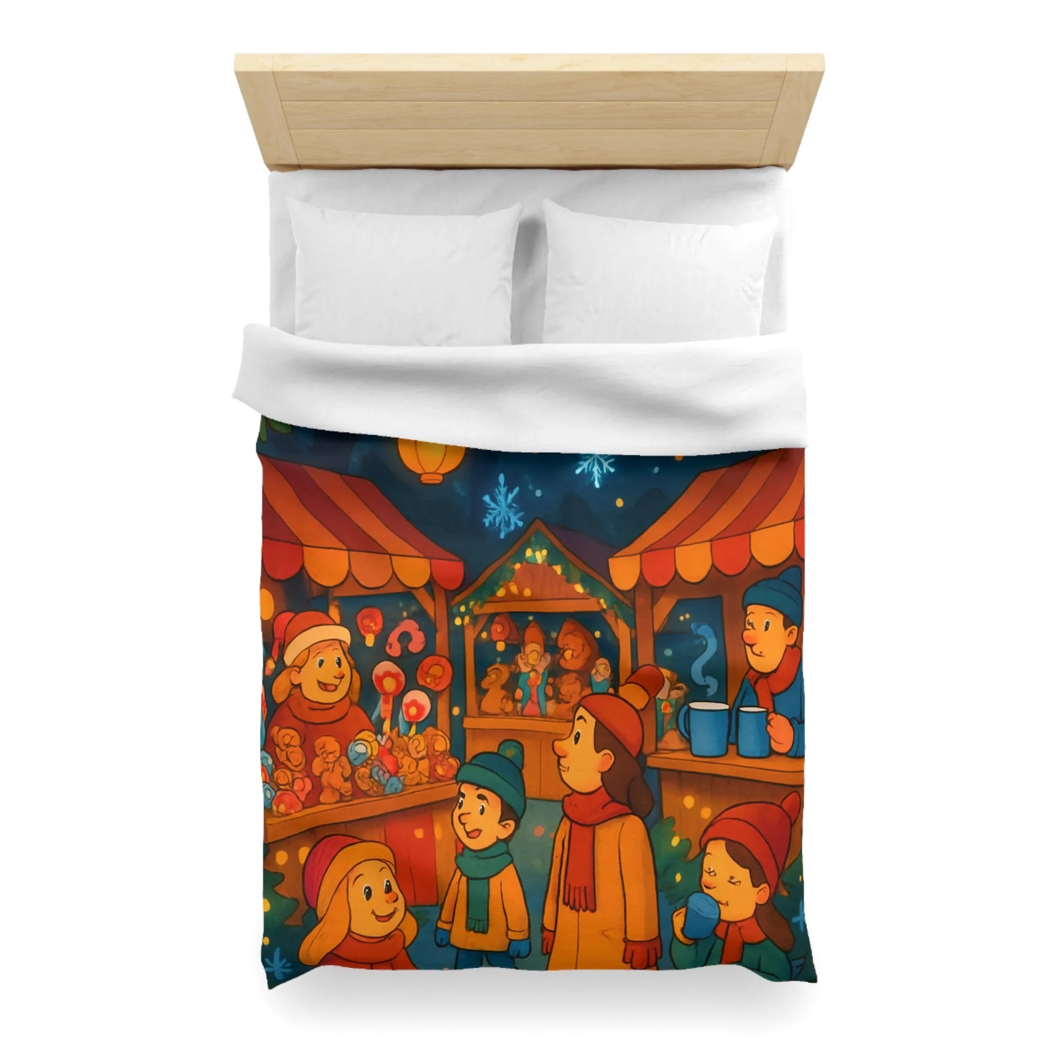 Housse de Couette Enfantine avec Scène Festive de Marché de Noël Illuminé et Joyeux