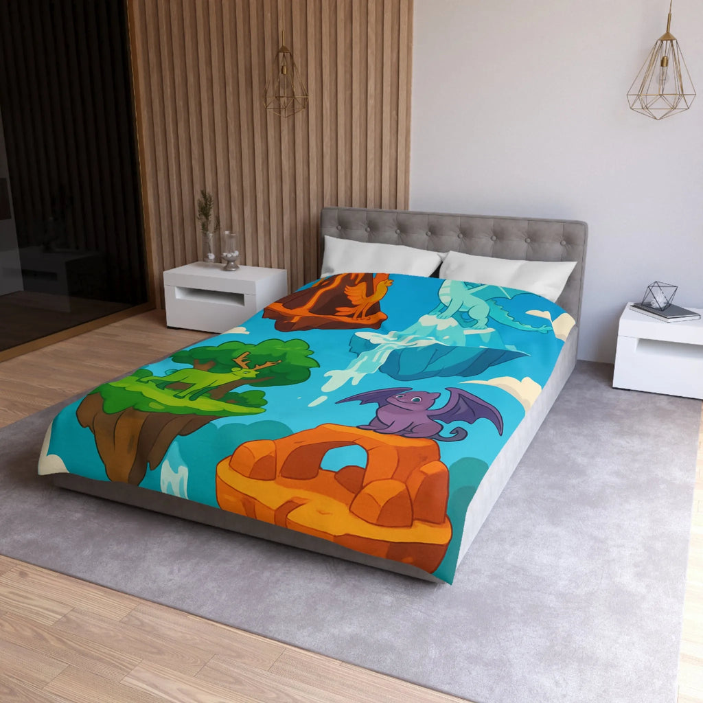 Housse de couette fantasy avec îles flottantes et créatures magiques colorées