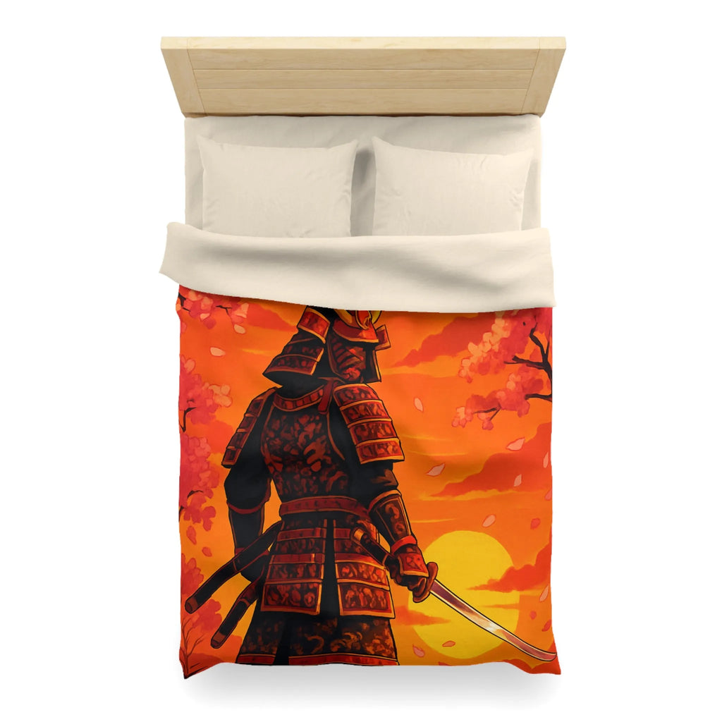 Housse de couette avec motif samouraï au coucher du soleil, arbres et fleurs roses