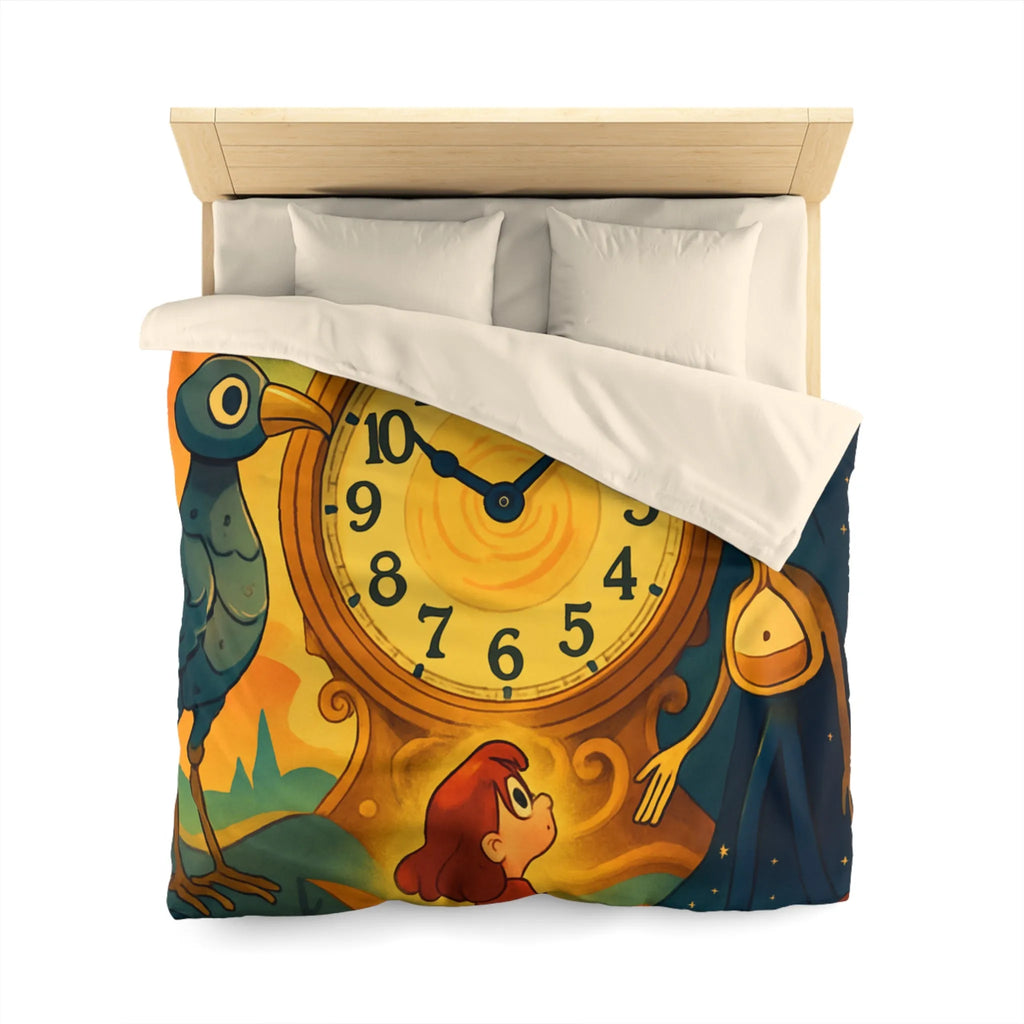 Housse de couette fantastique avec horloge magique et personnages mystérieux en illustration onirique