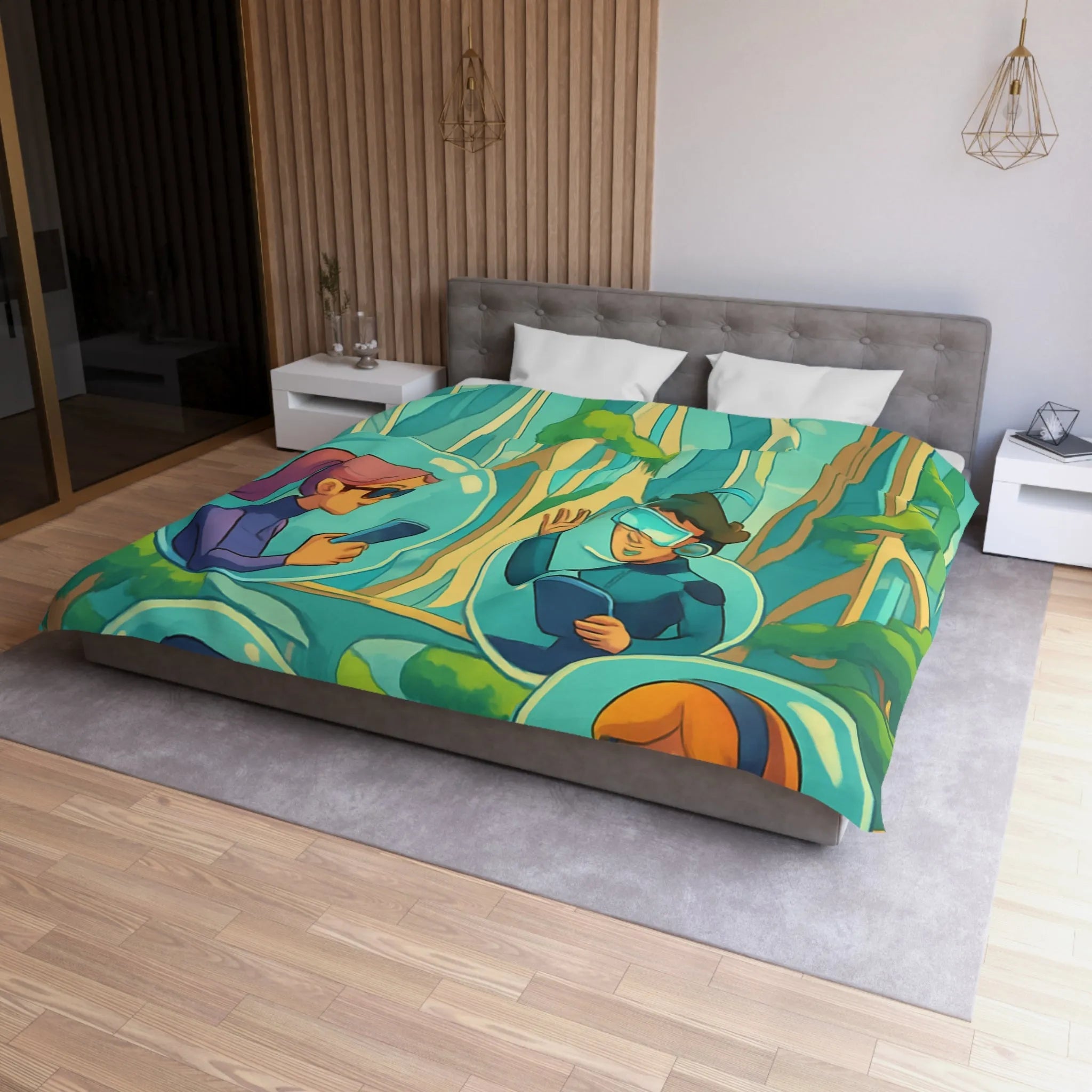 Housse de couette futuriste avec paysage urbain et personnages connectés en réalité augmentée