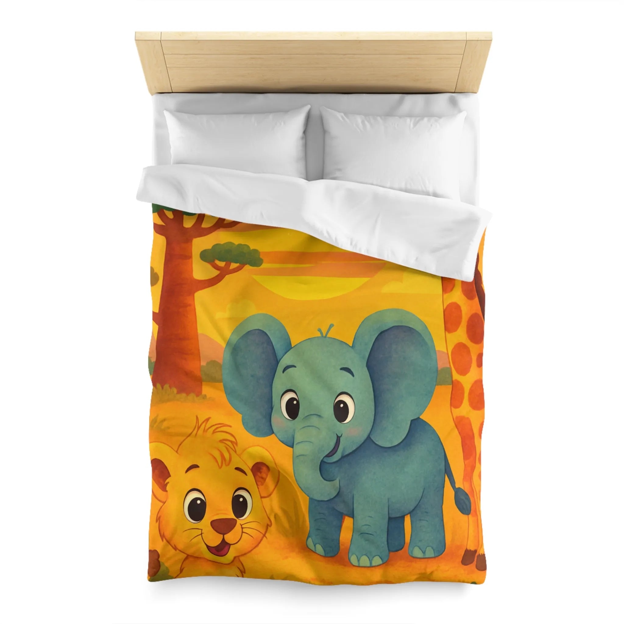 Housse de couette enfants safari animaliers avec lion, éléphant et girafe rigolos
