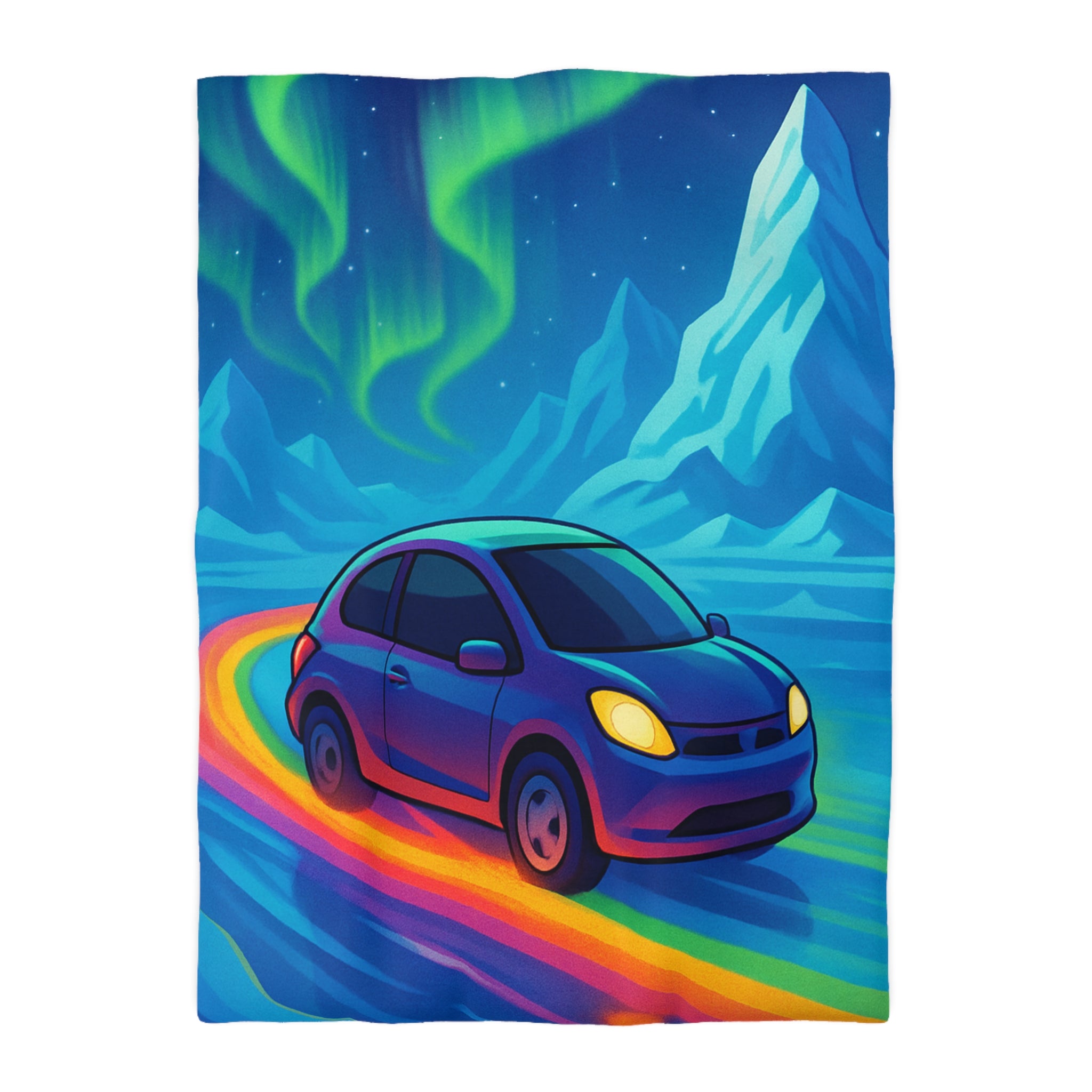 Housse de couette paysage polaire voiture et aurore boréale en couleurs éclatantes