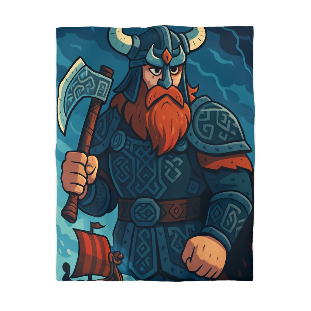 Housse de Couette Viking Illustrée avec Guerrier et Drakkar sur Fond Océan Tempétueux