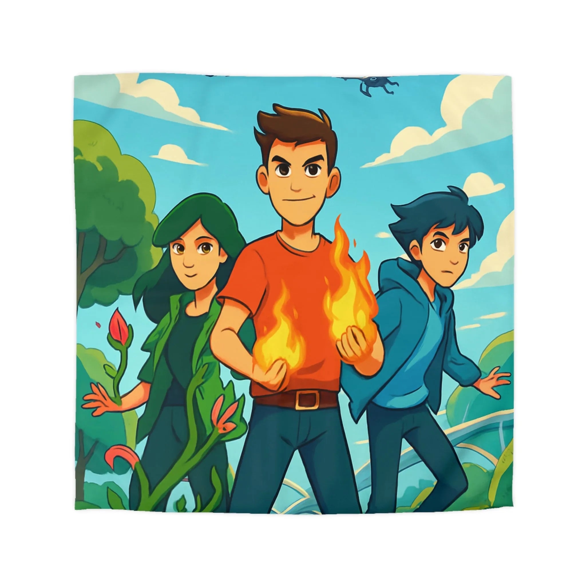 Housse de couette aventure jeune héros, nature et futur avec drones volants