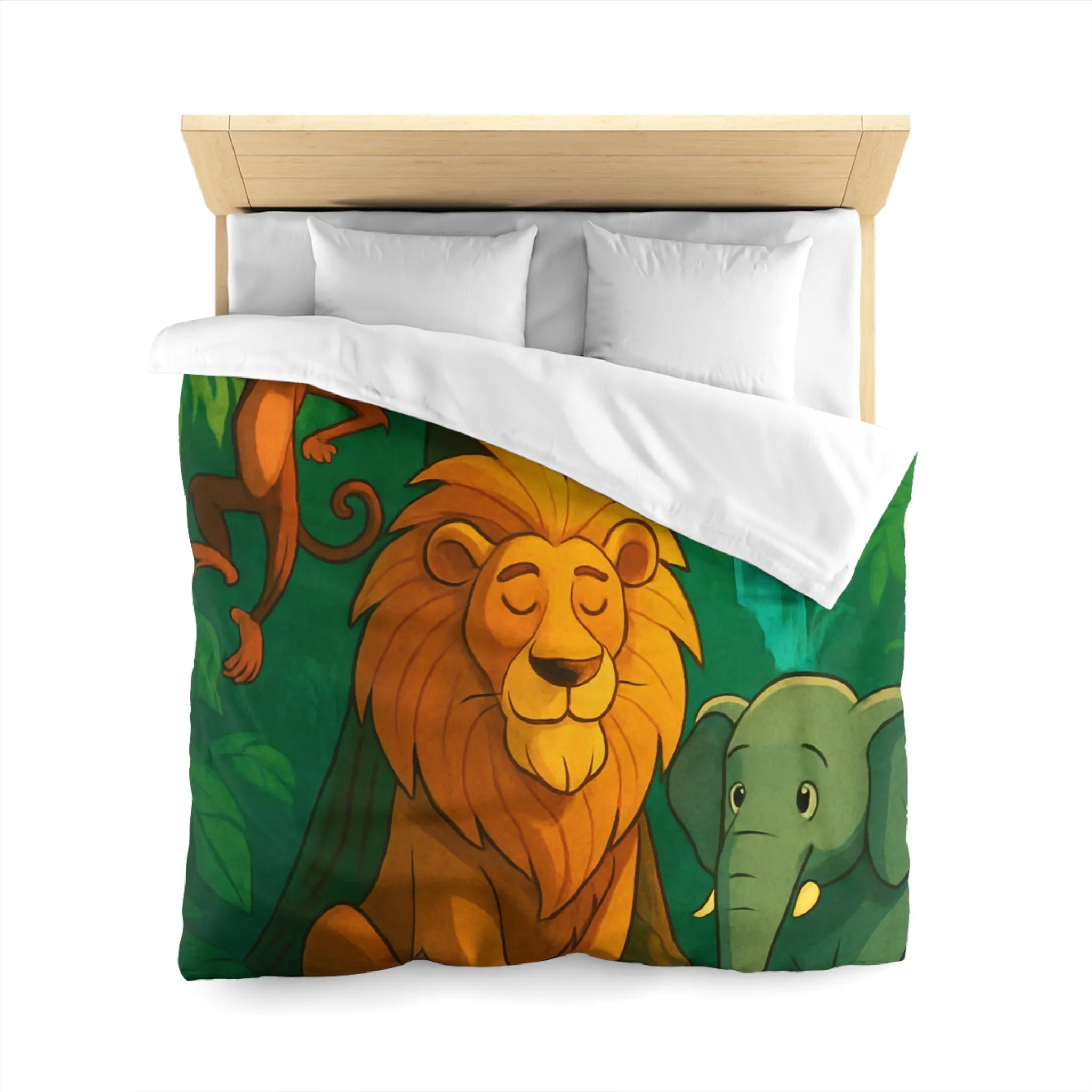 Housse de Couette Jungle Enchantée avec Lion, Singe, Éléphant et Chute d’Eau Magique