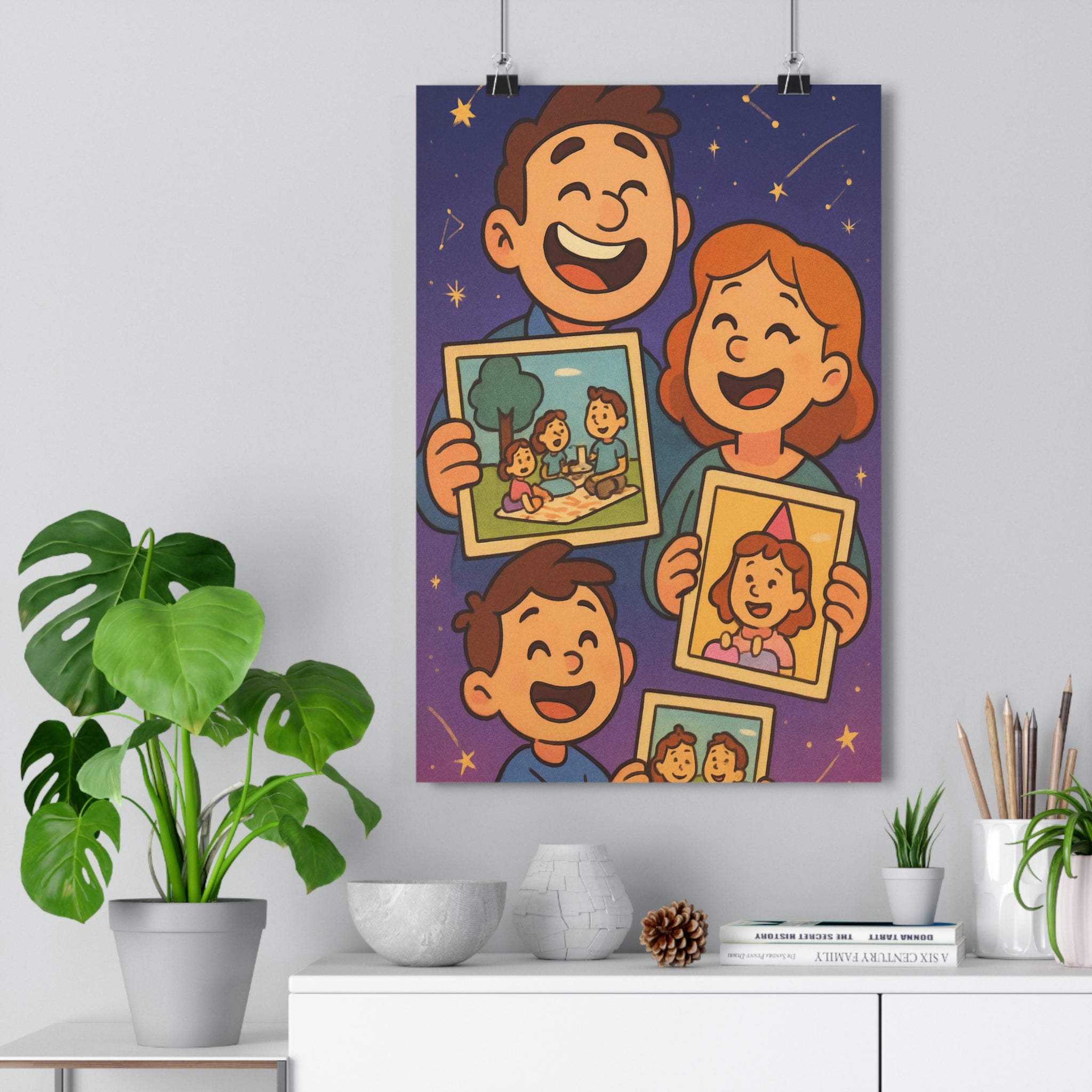 Poster décoratif cartoon pastel bleu violet joyeux nostalgique intérieur salon chambre famille souvenir 30x46