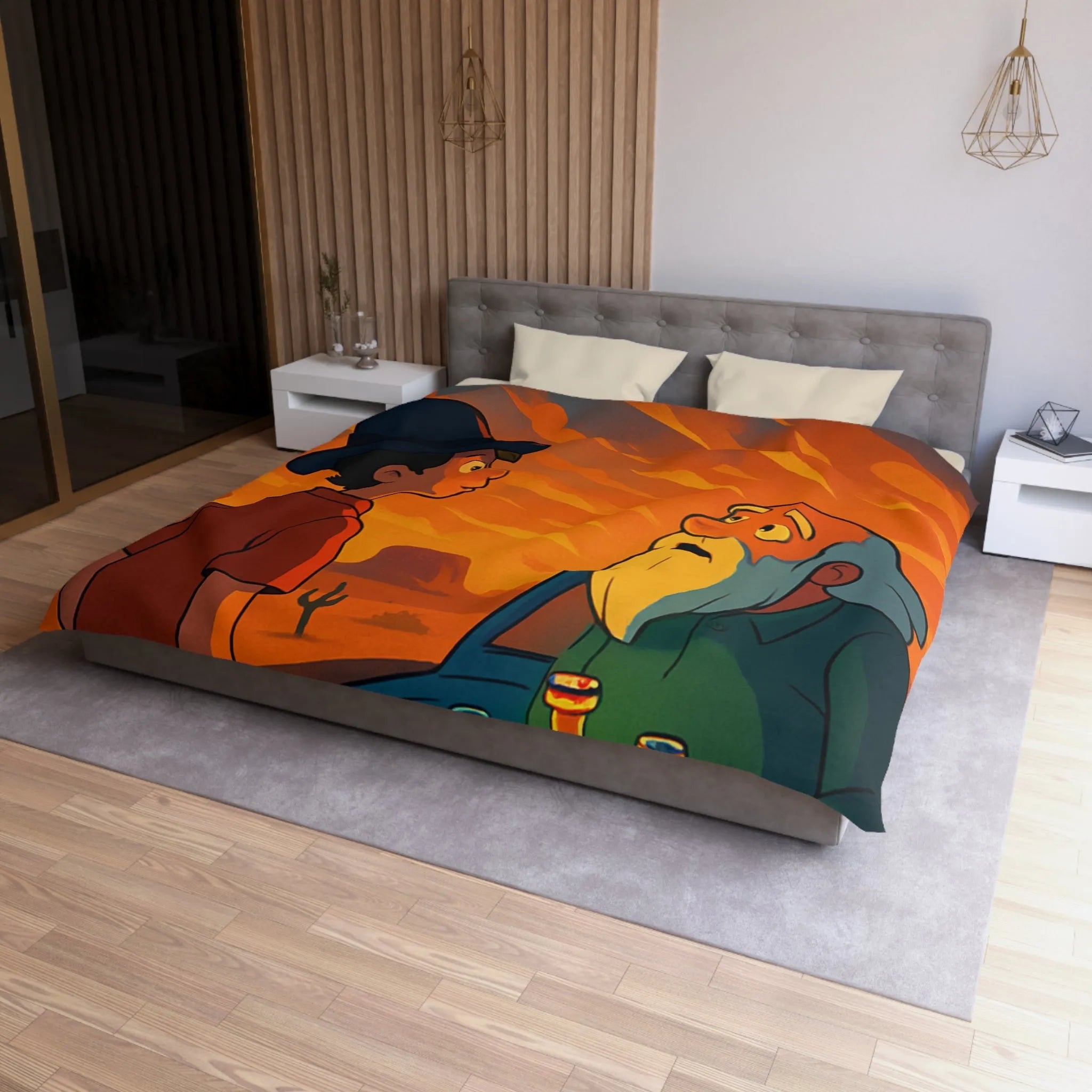 Housse de couette artistique coucher de soleil désertique avec flacons lumineux et personnages