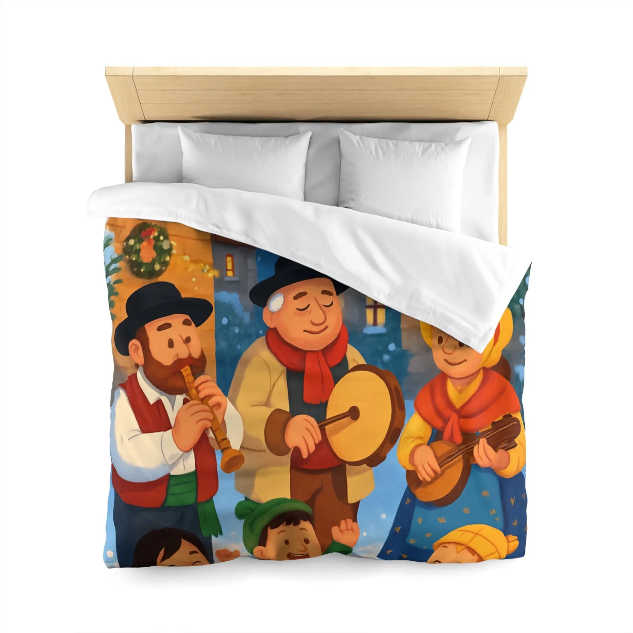 Housse de couette festive avec village enneigé et musiciens pendant l’hiver joyeux