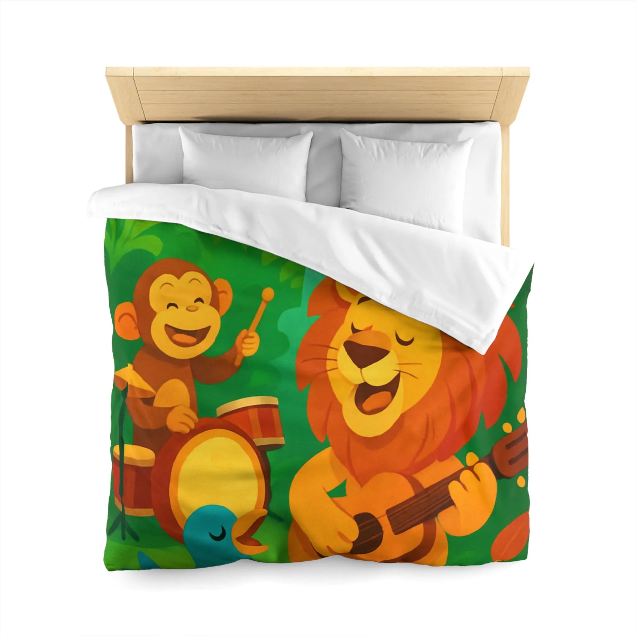 Housse de couette jungle colorée avec lion, singe, et oiseau musiciens joyeux