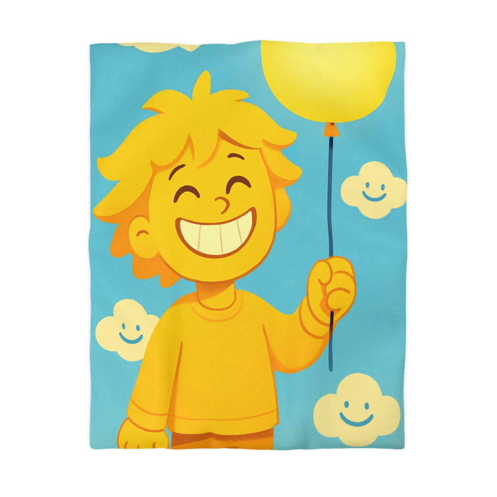 Housse de Couette Enfantine avec Ballon et Nuages Sourires dans Tons Jaunes et Bleus